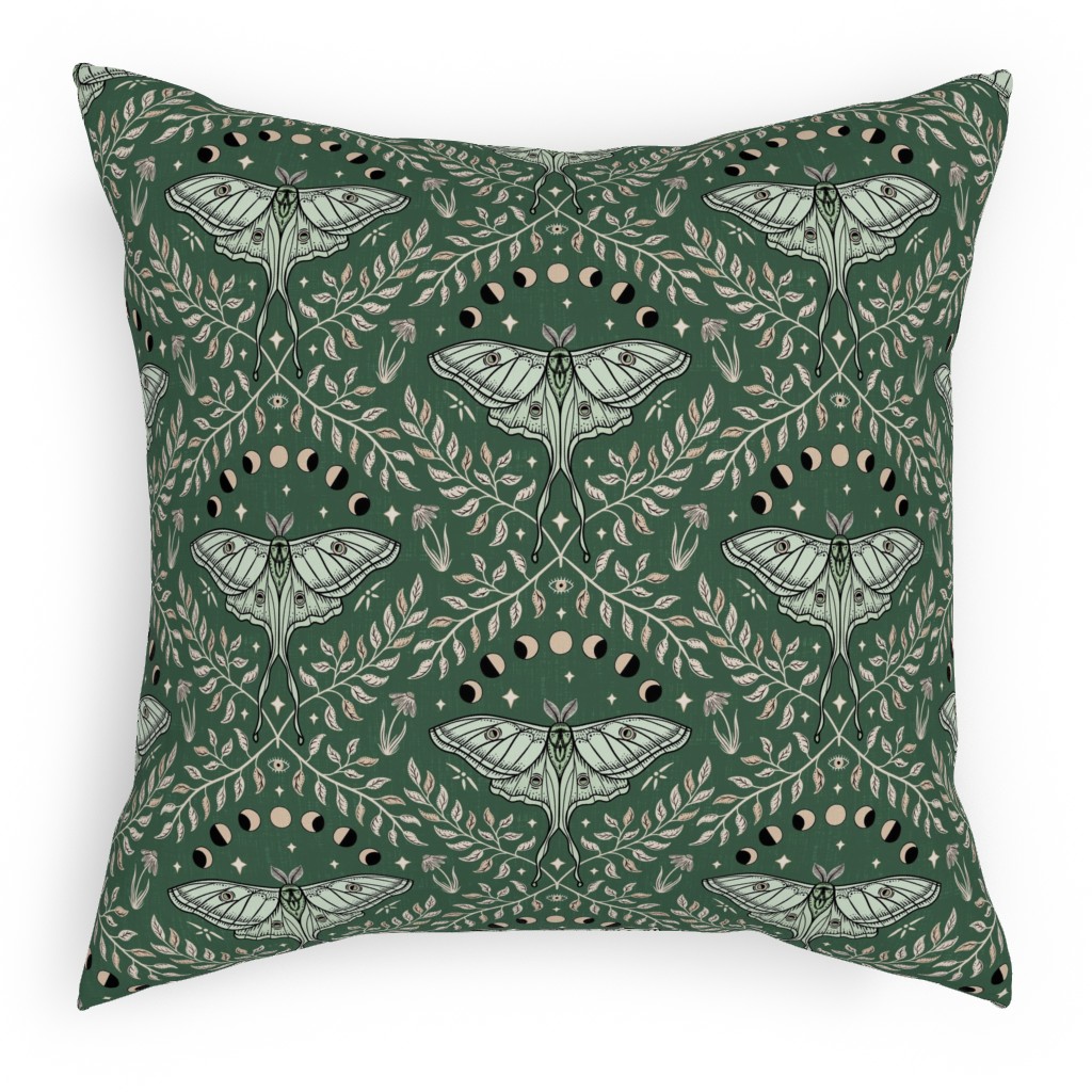 Luna Moths Damask With Moon Phases - Green Pillow, Woven, Black, 18x18, Single Sided, Green