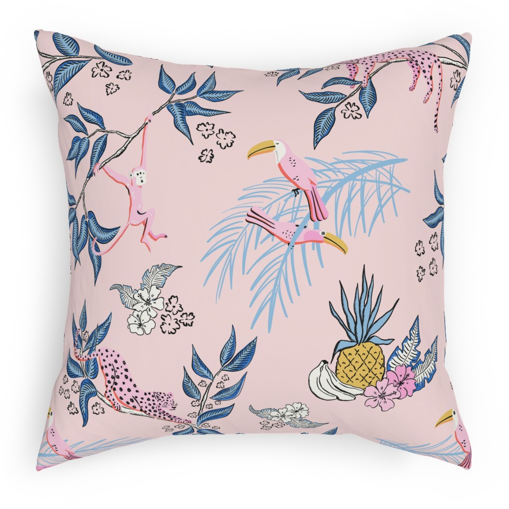 Jungle Toile - Pink Pillow, Woven, Black, 18x18, Single Sided, Pink