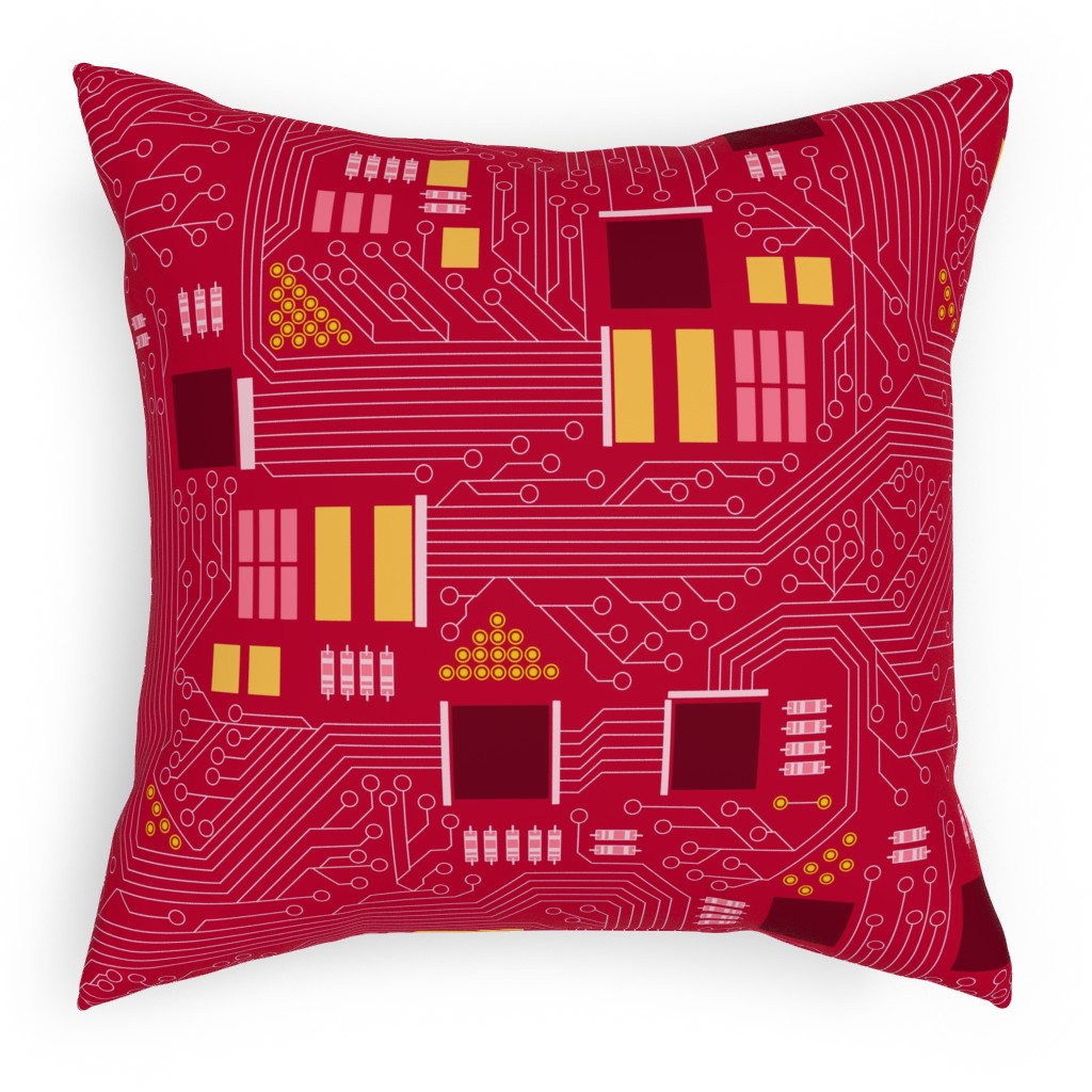 Motherboard Computer Science Pillow, Woven, Black, 18x18, Single Sided, Red, Syrah