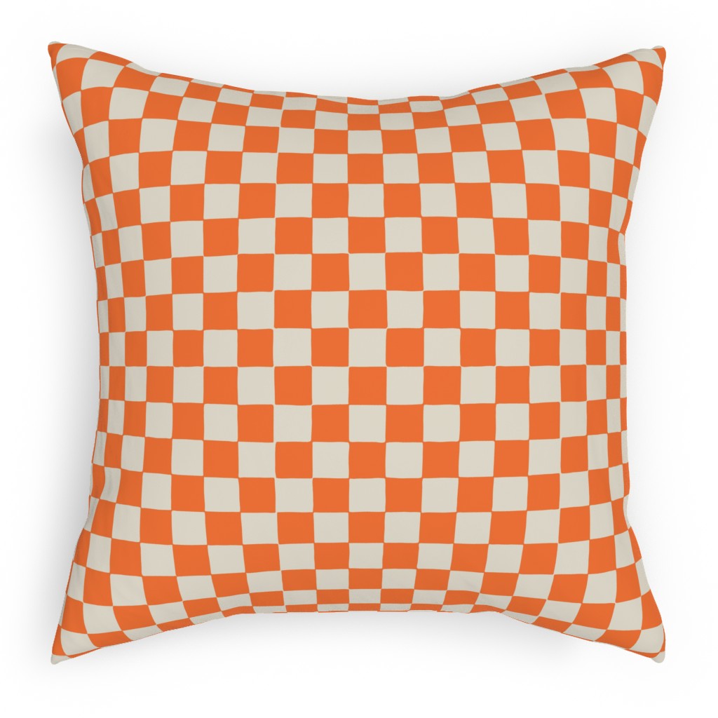 Retro Checkerboard - Bright Orange Pillow, Woven, Black, 18x18, Single Sided, Orange, Orange