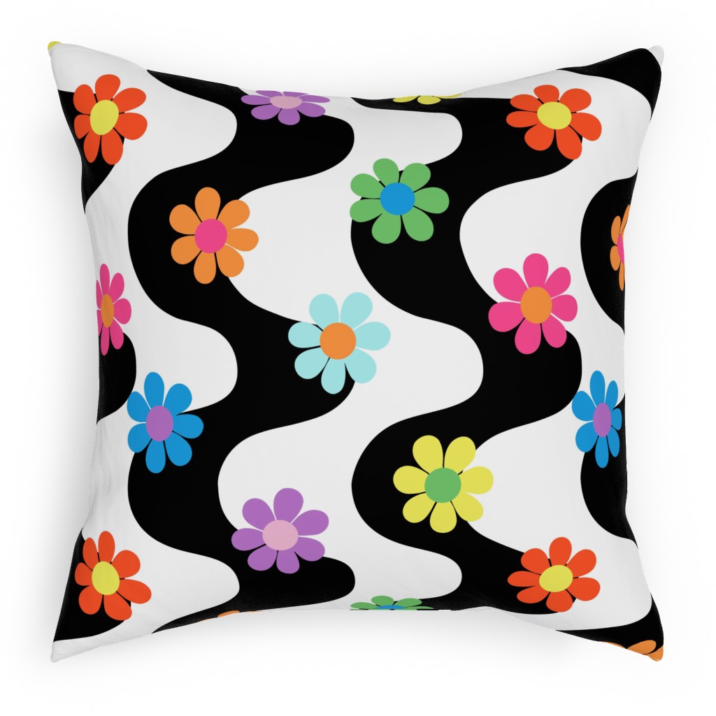 Groovy Daisy Rainbow Pillow, Woven, Black, 18x18, Single Sided, Multicolor