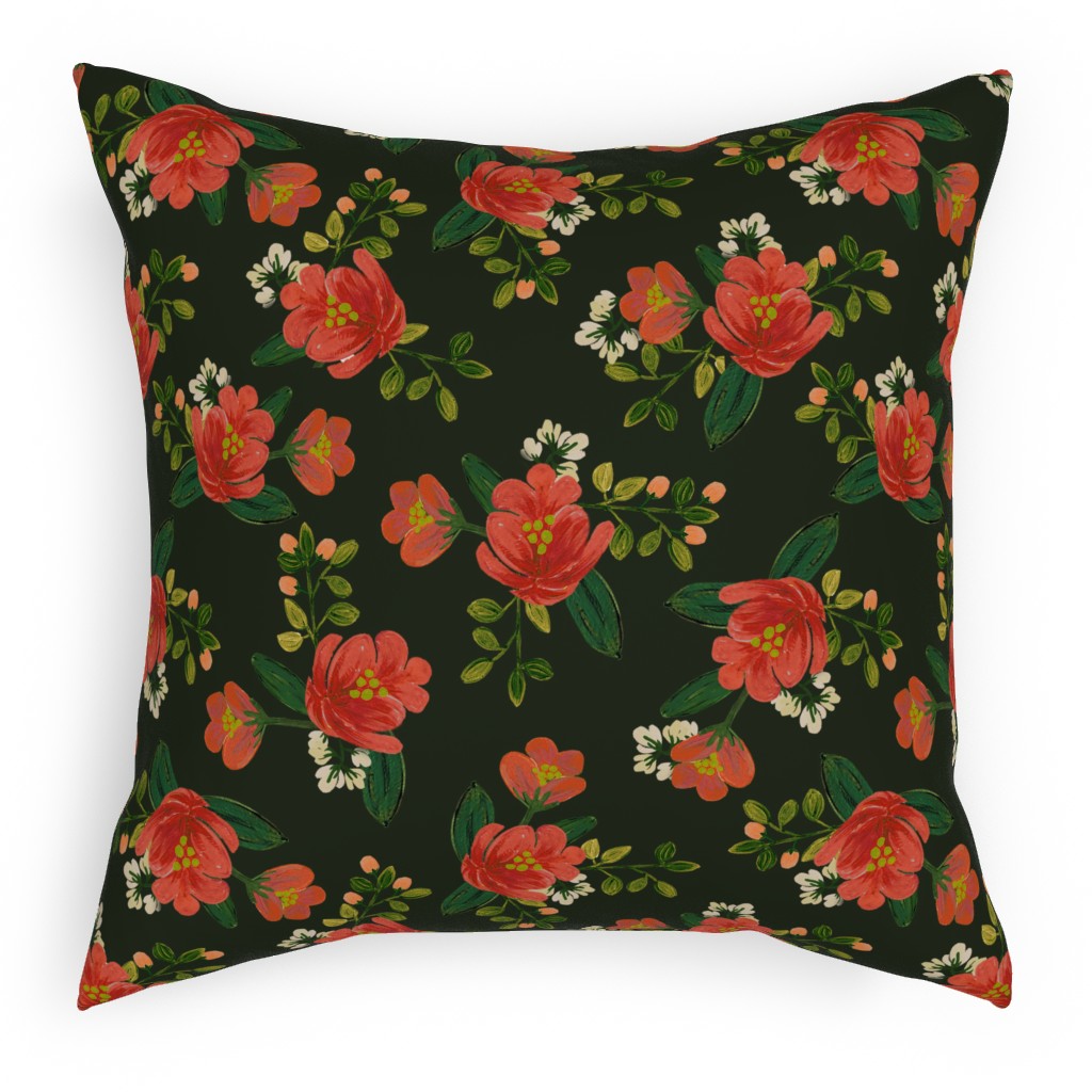 Holiday Floral Pillow, Woven, Black, 18x18, Single Sided, Green