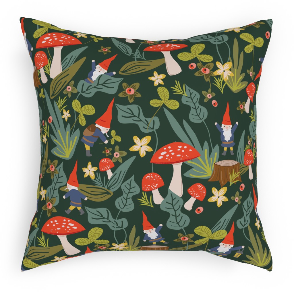 Woodland Gnomes & Mushrooms - Green Pillow, Woven, Black, 18x18, Single Sided, Green