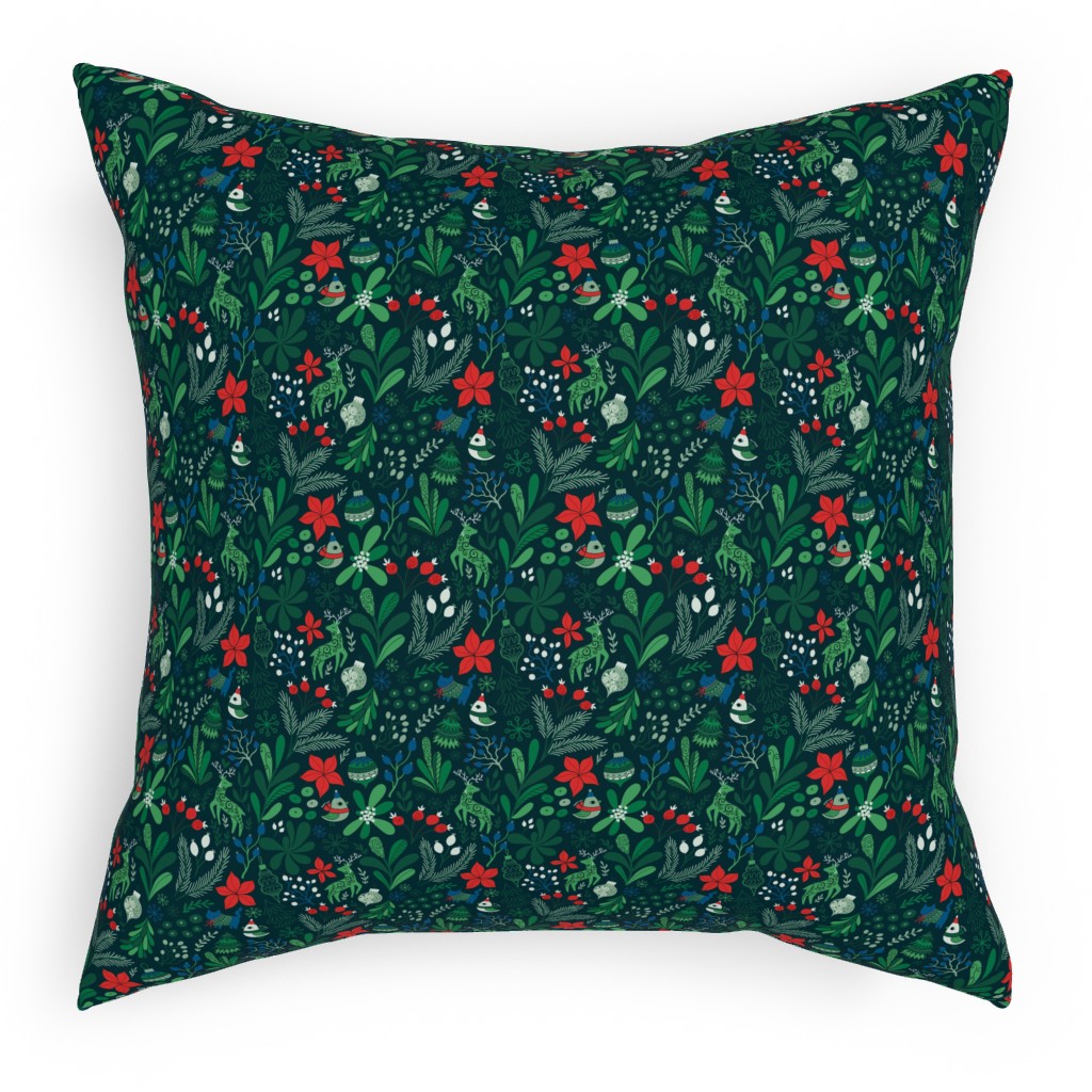 Merry Christmas Floral - Dark Pillow, Woven, Black, 18x18, Single Sided, Green