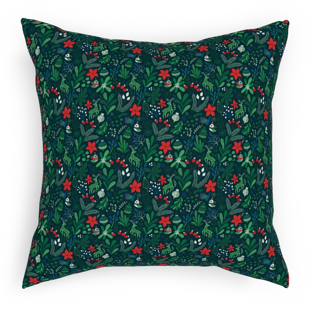 Merry Christmas Floral - Dark Pillow, Woven, Black, 18x18, Single Sided, Green, Classic Green