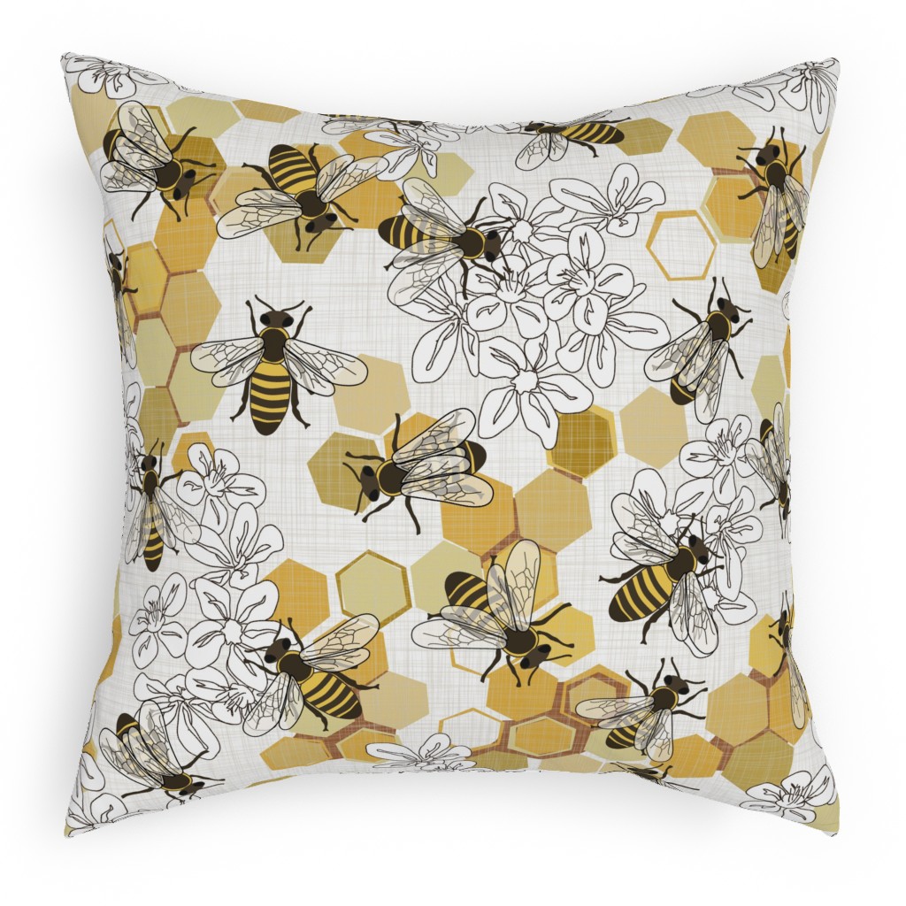 Save the Honey Bees - Yellow on White Pillow, Woven, Black, 18x18, Single Sided, Yellow