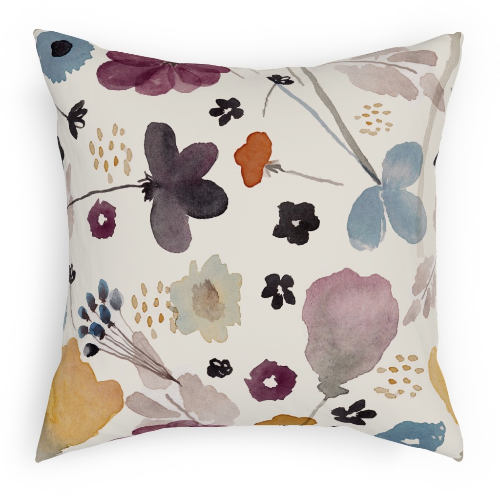 Watercolor Floral - Multi Pillow, Woven, Black, 18x18, Single Sided, Multicolor