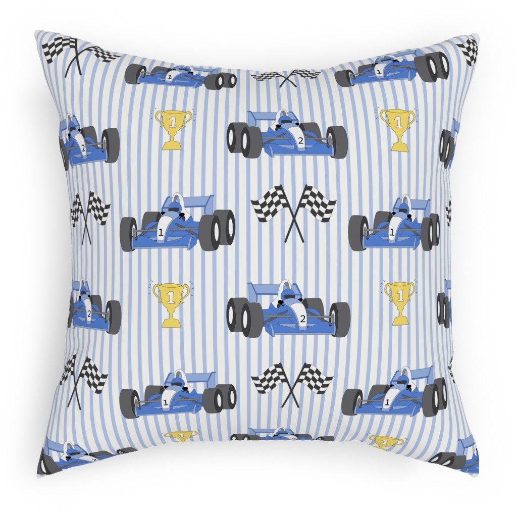 Race Cars Checked Flags Pillow, Woven, Black, 18x18, Single Sided, Blue