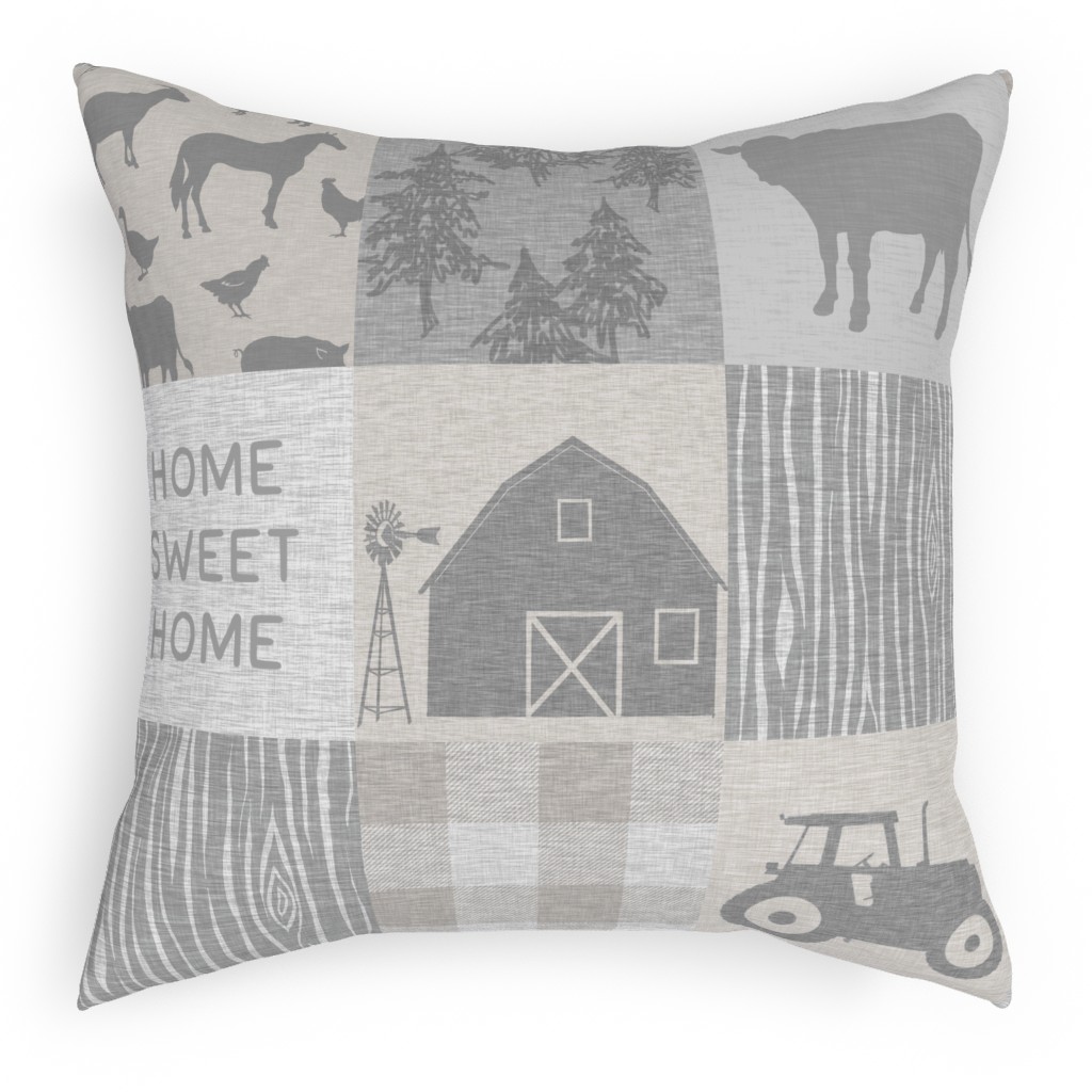 Home Sweet Home Farm - Grey and Cream Pillow, Woven, Black, 18x18, Single Sided, Gray