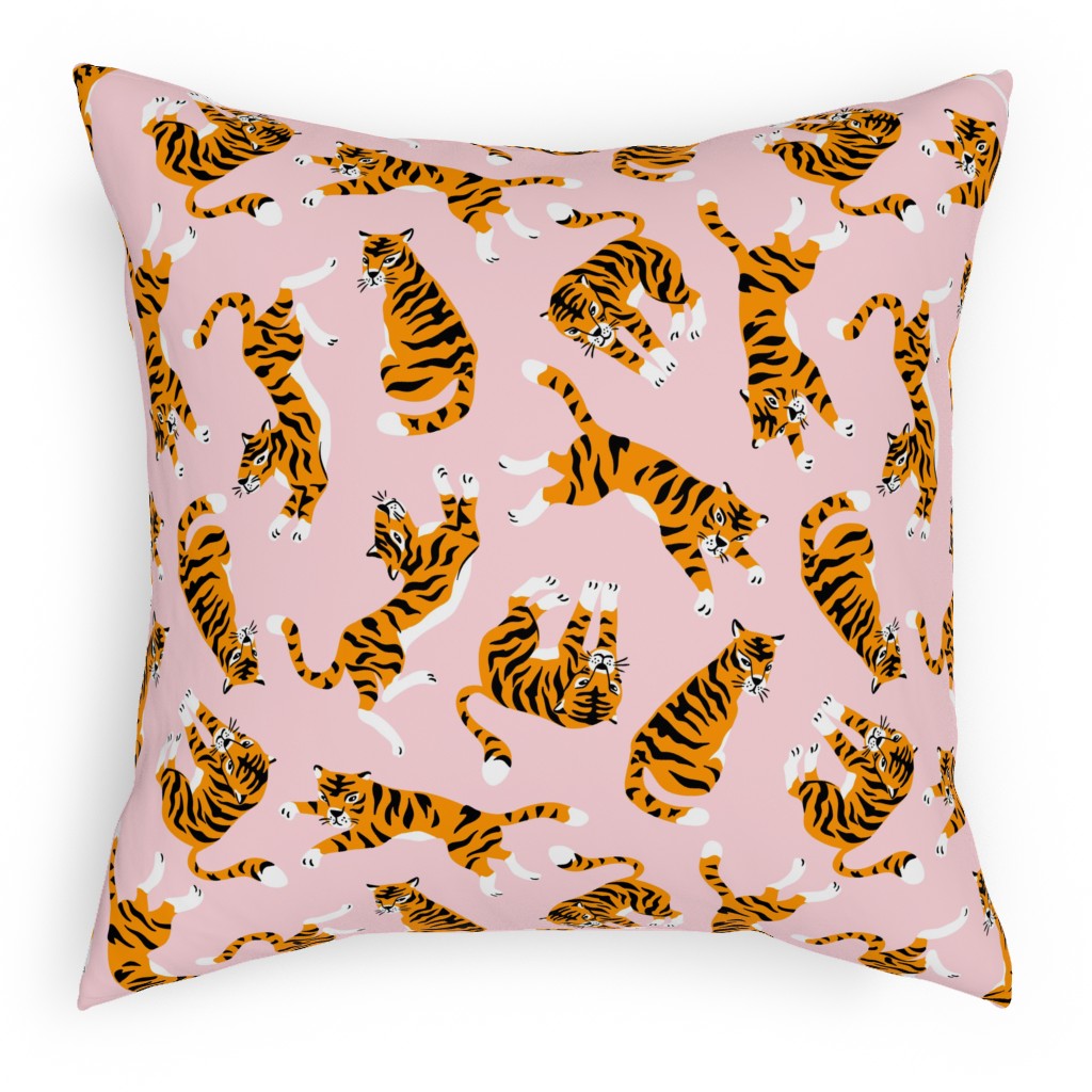 Tigers - Pink Pillow, Woven, Black, 18x18, Single Sided, Pink