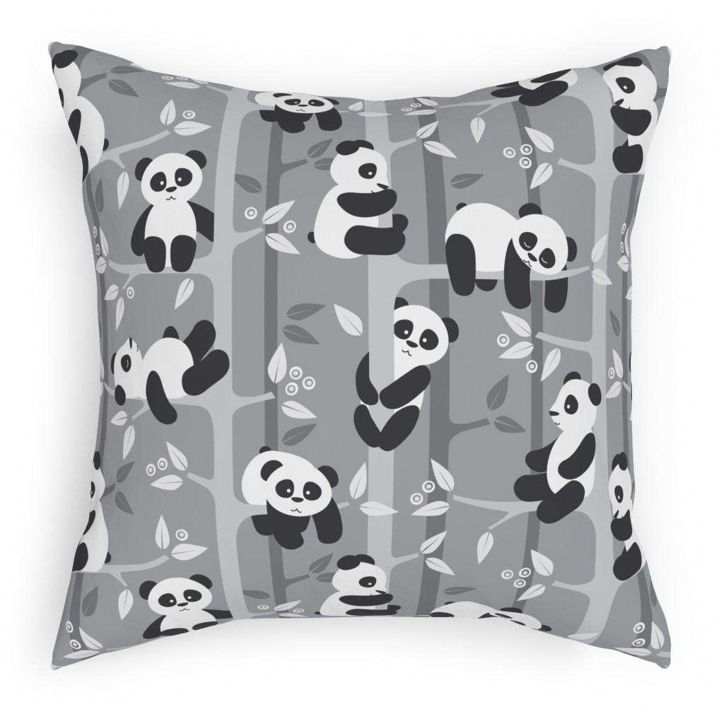 Pandas and Bamboo Pillow, Woven, Black, 18x18, Single Sided, Gray, Silver