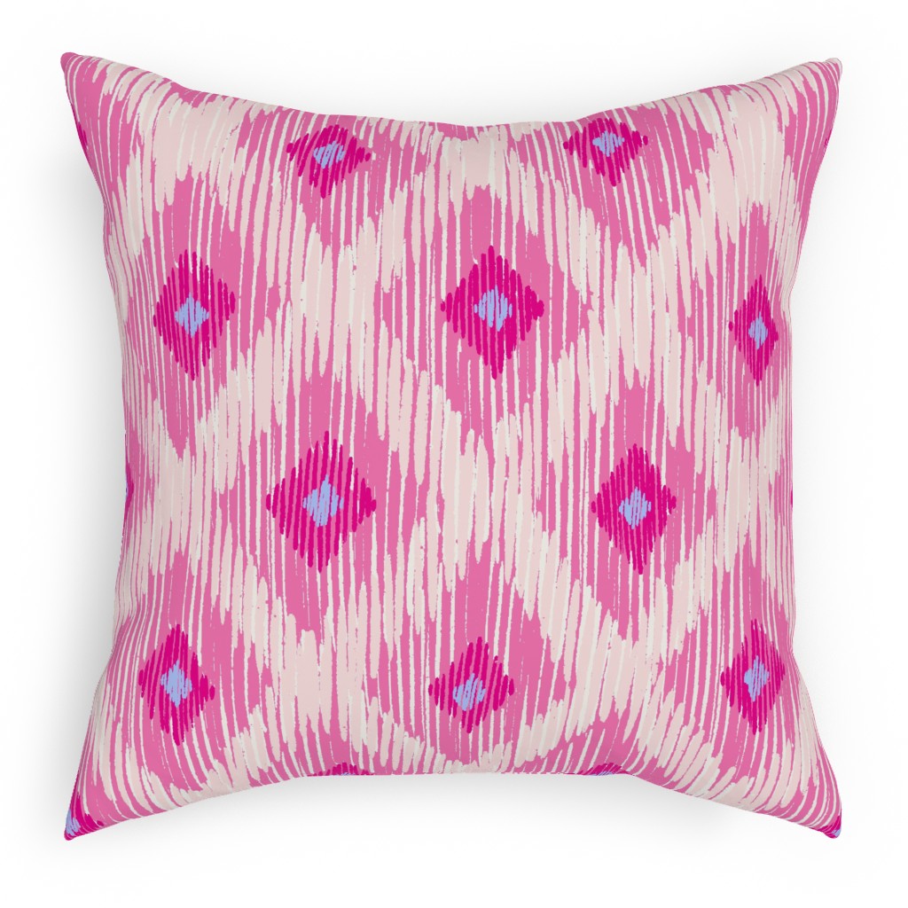Ikat - Pink With Blue Pillow, Woven, Black, 18x18, Single Sided, Pink