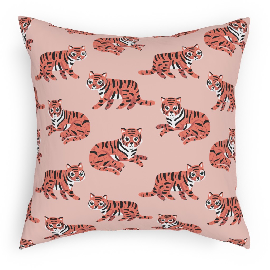 Jungle Tigers - Blush and Coral Pillow, Woven, Black, 18x18, Single Sided, Pink, Bright Pink