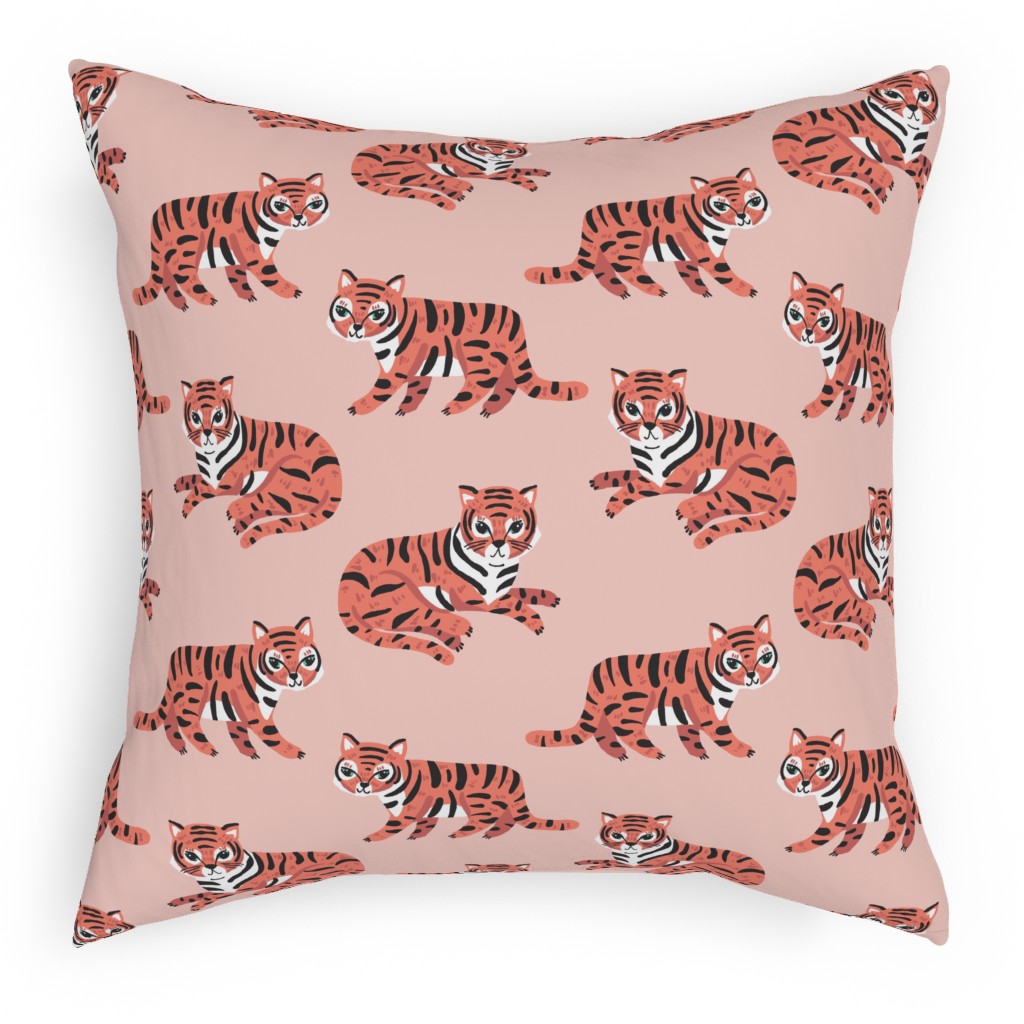 Jungle Tigers - Blush and Coral Pillow, Woven, Black, 18x18, Single Sided, Pink