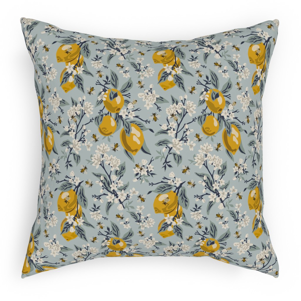 Bees, Blossoms & Lemons - Blue Pillow, Woven, Black, 18x18, Single Sided, Blue