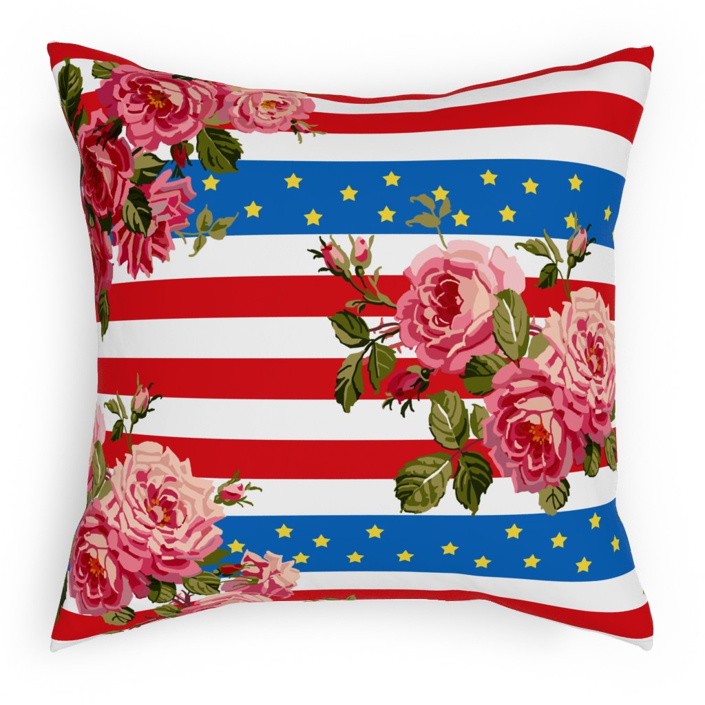 Americana Summer Roses - Multi Pillow, Woven, Black, 18x18, Single Sided, Multicolor