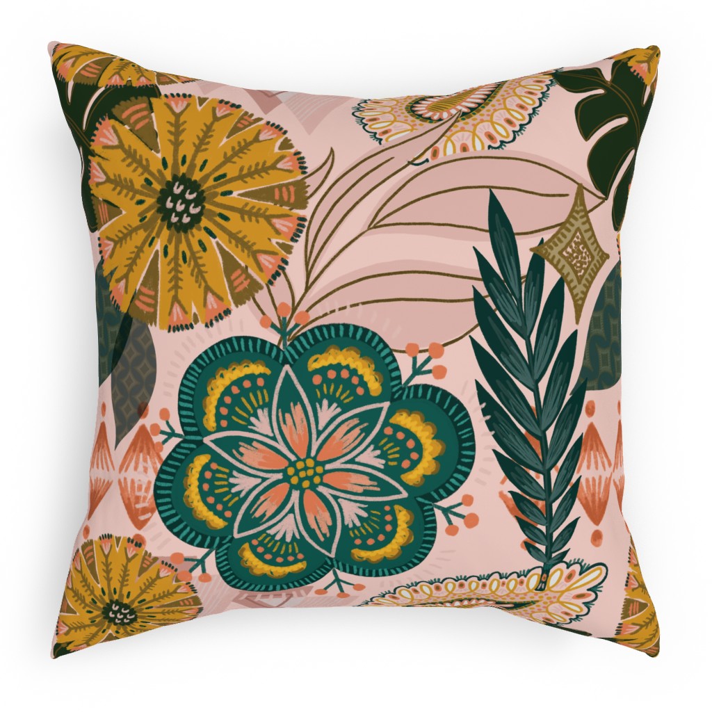 Boho Tropical - Floral - Pink Pillow, Woven, Black, 18x18, Single Sided, Multicolor