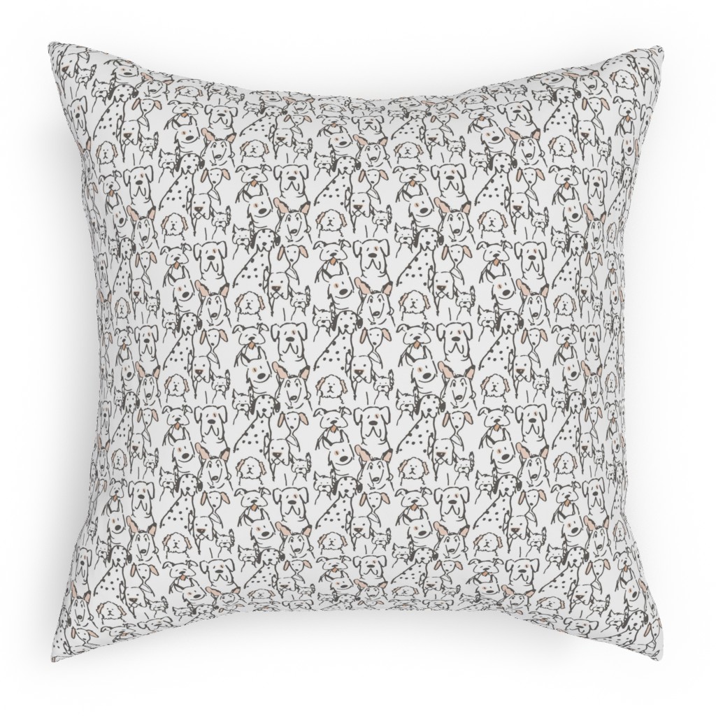 Peach Pop Doodle Dogs - Black and White Pillow, Woven, Black, 18x18, Single Sided, White, White