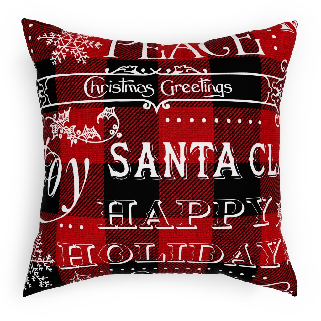 Buffalo Plaid Christmas Typography - Red and Black Pillow, Woven, Black, 18x18, Single Sided, Red