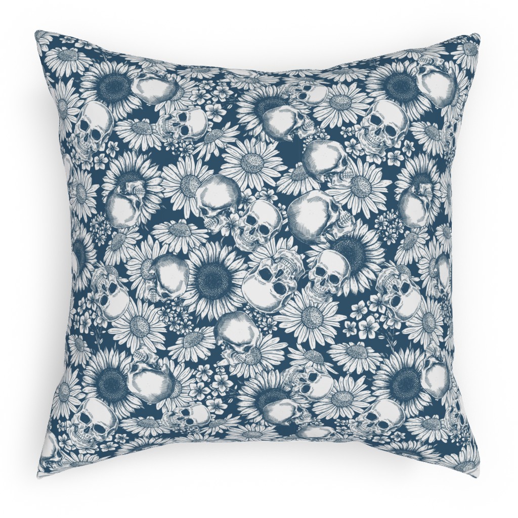 Floral Skull - Blue Pillow, Woven, Black, 18x18, Single Sided, Blue, True Blue