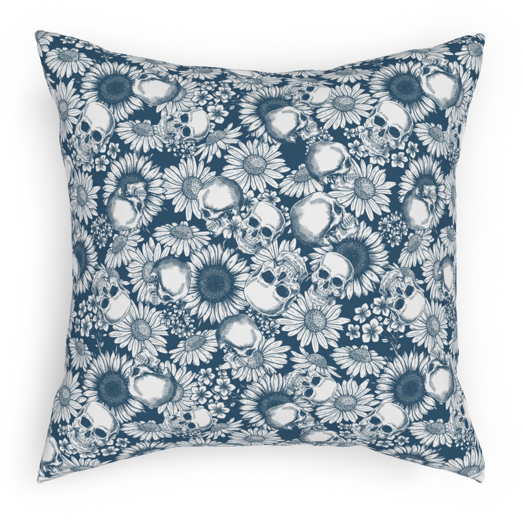 Floral Skull - Blue Pillow, Woven, Black, 18x18, Single Sided, Blue