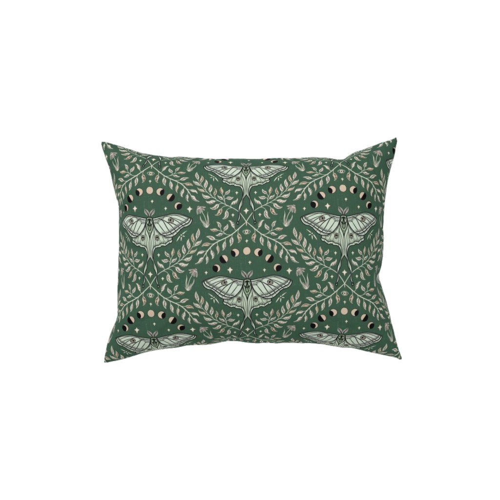 Luna Moths Damask With Moon Phases - Green Pillow, Woven, Black, 12x16, Single Sided, Green, Classic Green