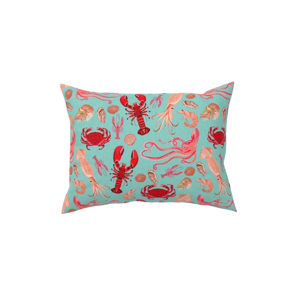 Ocean Creatures - Red on Green Pillow, Woven, Black, 12x16, Single Sided, Red, Red