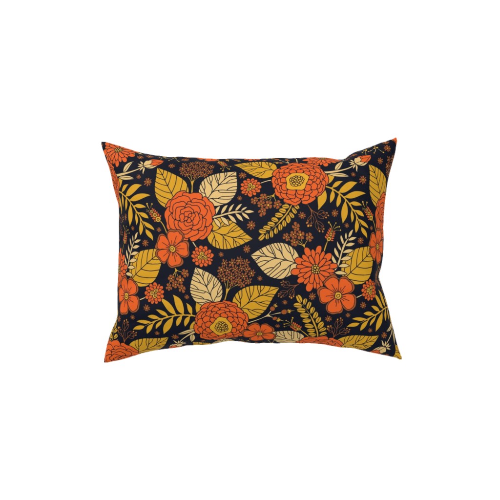 Retro Floral - Orange Brown and Yellow Pillow, Woven, Black, 12x16, Single Sided, Orange