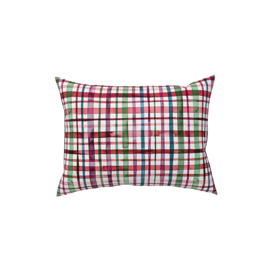 Watercolor Gingham - Red and Green Pillow, Woven, Beige, 12x16, Single Sided, Multicolor