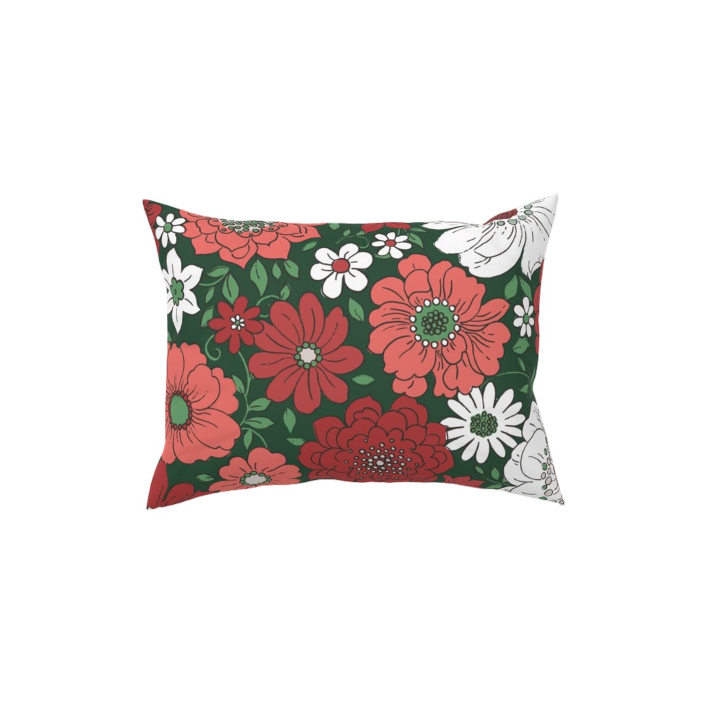 Camilla Retro Floral Christmas - Red and Green Pillow, Woven, Beige, 12x16, Single Sided, Multicolor