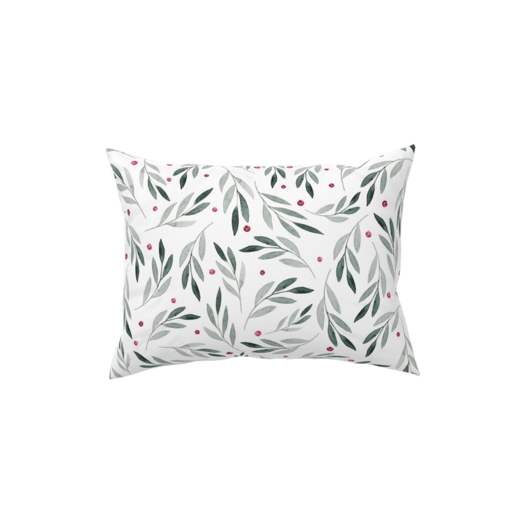 Festive Christmas Green Leaves & Red Berries Pillow, Woven, Beige, 12x16, Single Sided, White, White