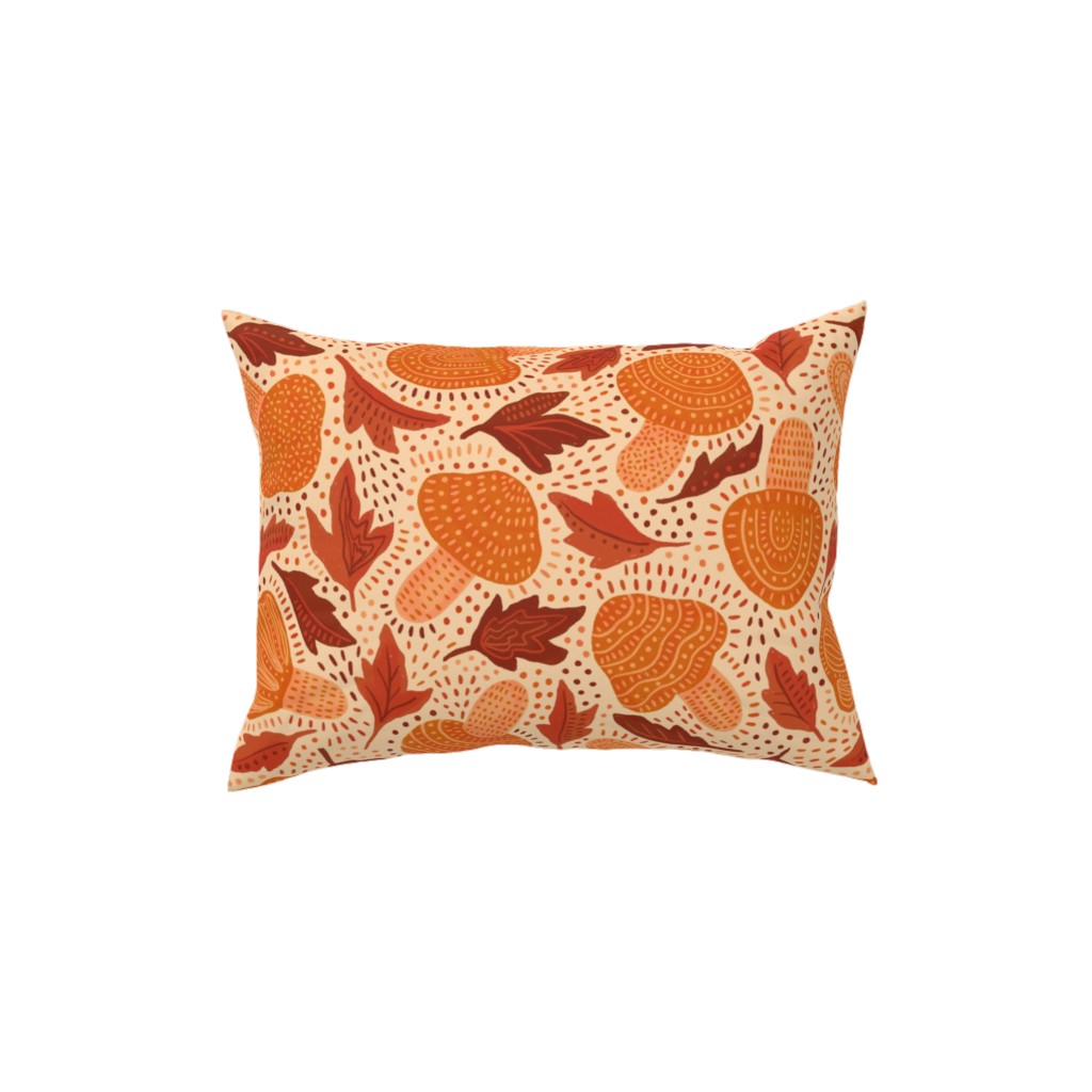 Autumn Mushrooms and Fallen Leaves Pillow, Woven, Beige, 12x16, Single Sided, Orange