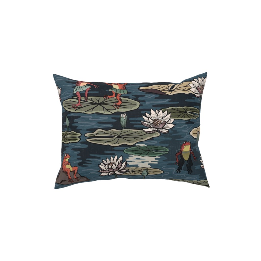 Quirky Frogs Dancing in the Moonlight on Lily Pads Pillow, Woven, Beige, 12x16, Single Sided, Blue, True Blue