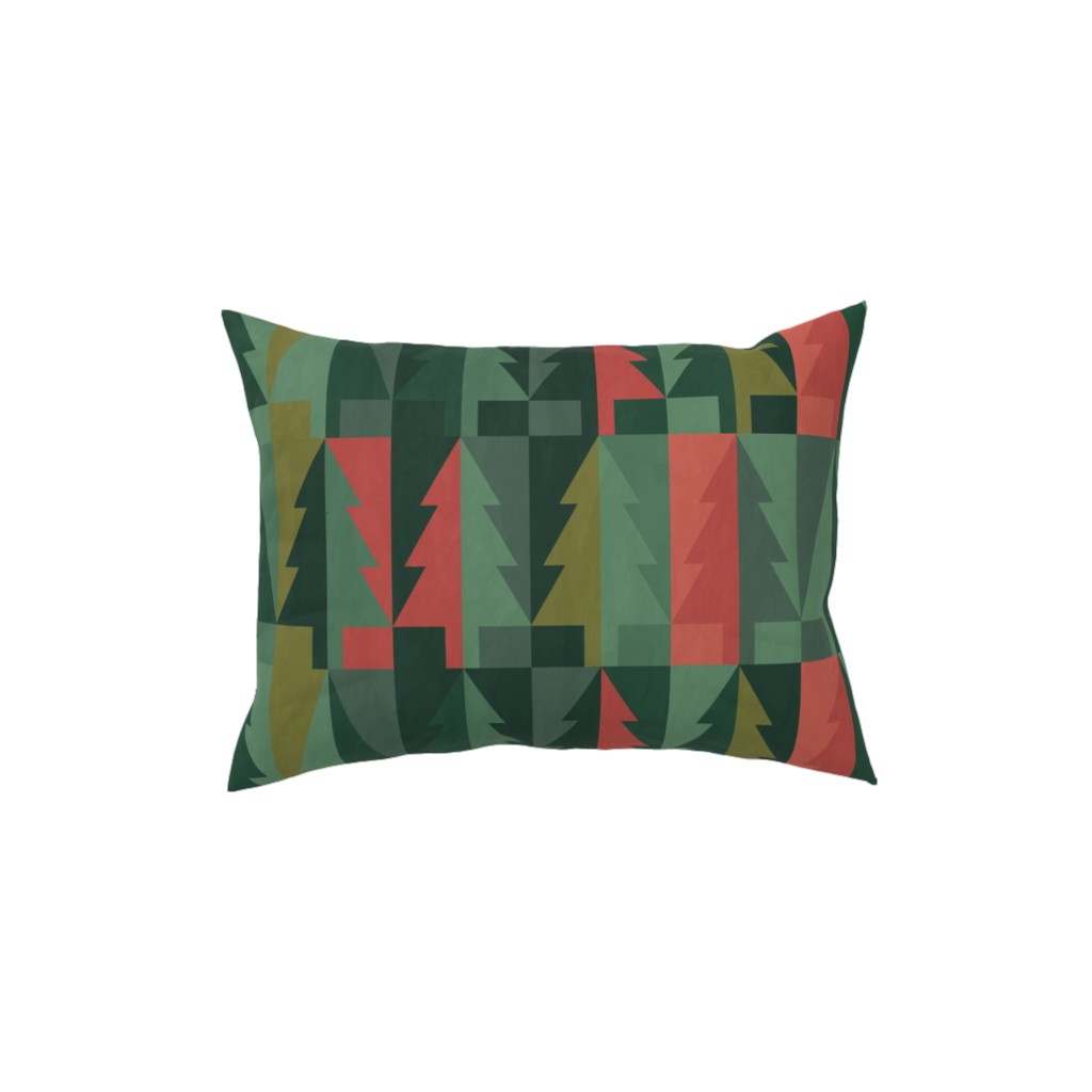 Geometric Forest - Red and Green Pillow, Woven, Beige, 12x16, Single Sided, Green