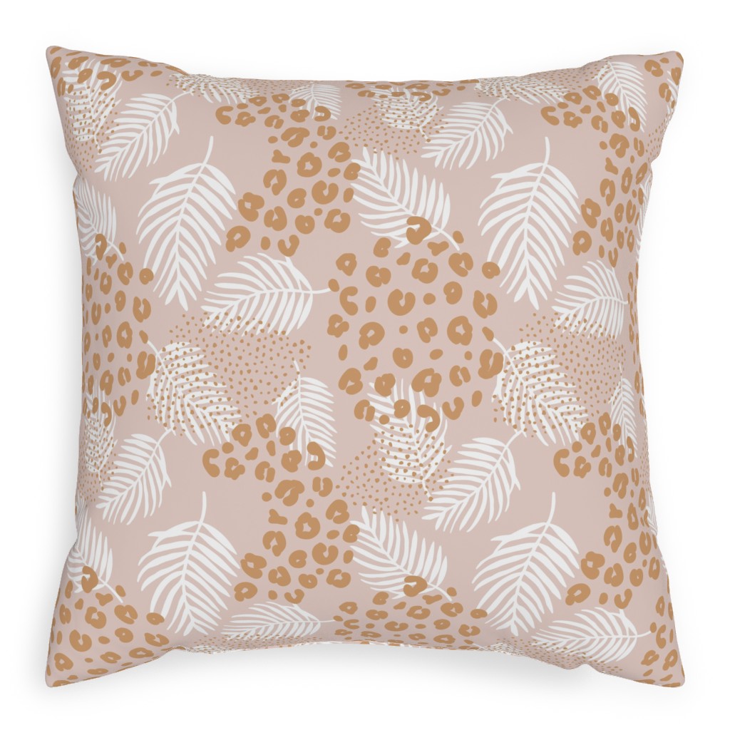 Palm Leaves and Animal Panther Spots - Beige Pillow, Woven, Black, 20x20, Single Sided, Pink