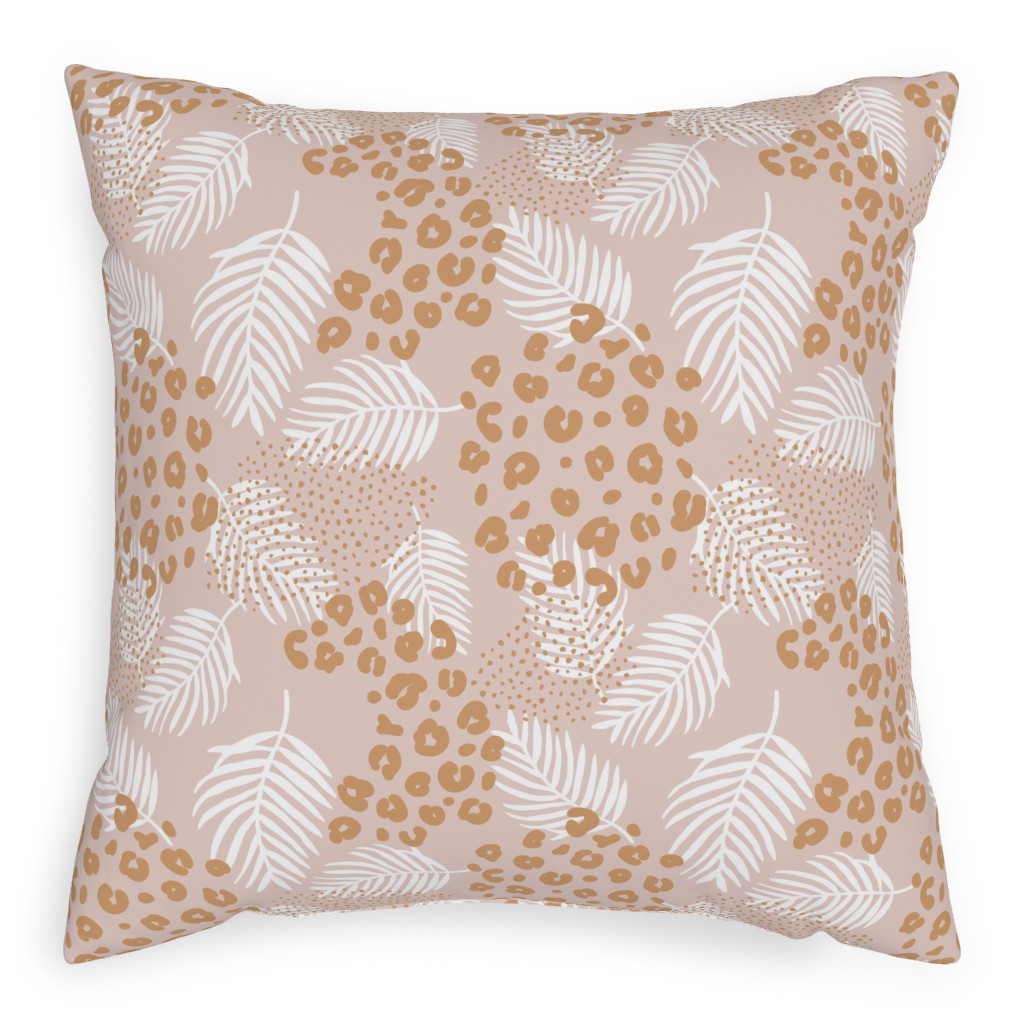 Palm Leaves and Animal Panther Spots - Beige Pillow, Woven, Black, 20x20, Single Sided, Pink, Bright Pink