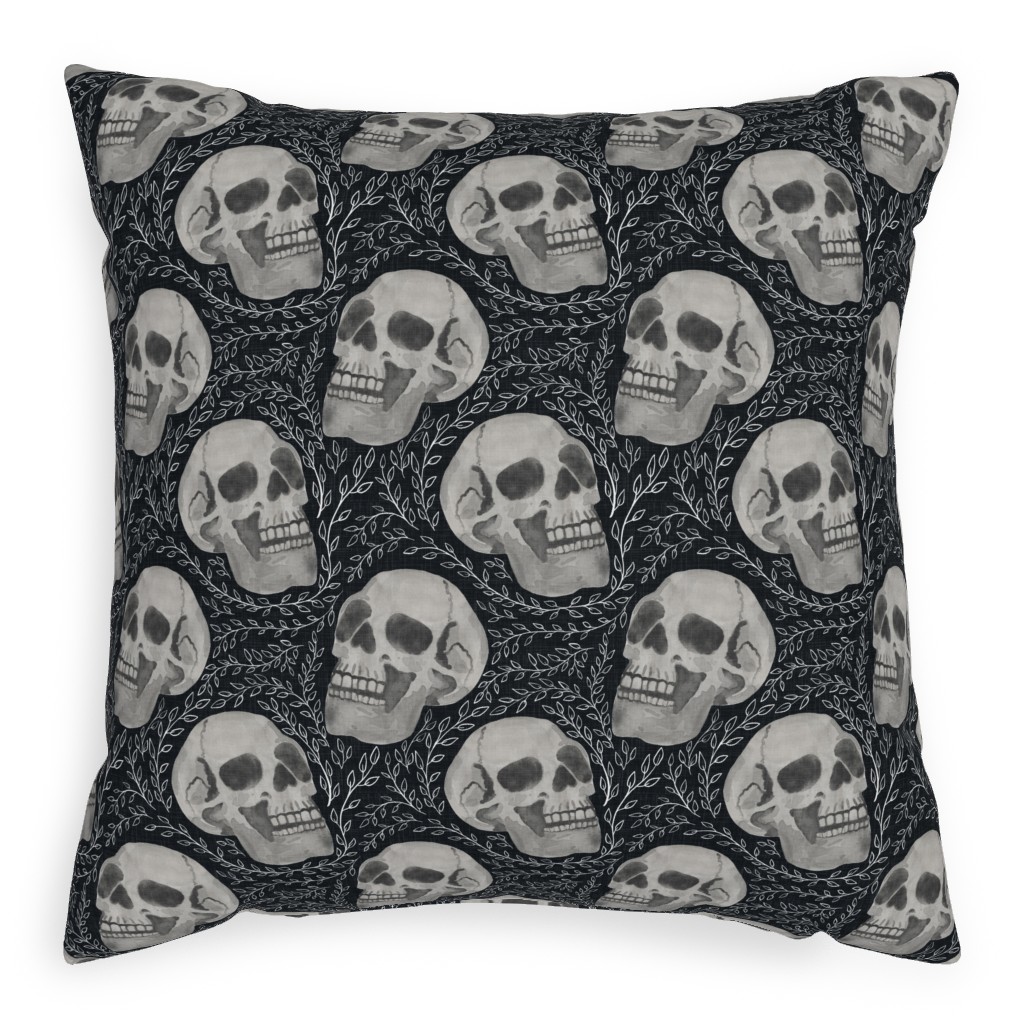 Watercolor Skulls With Flourish - Dark Pillow, Woven, Black, 20x20, Single Sided, Gray
