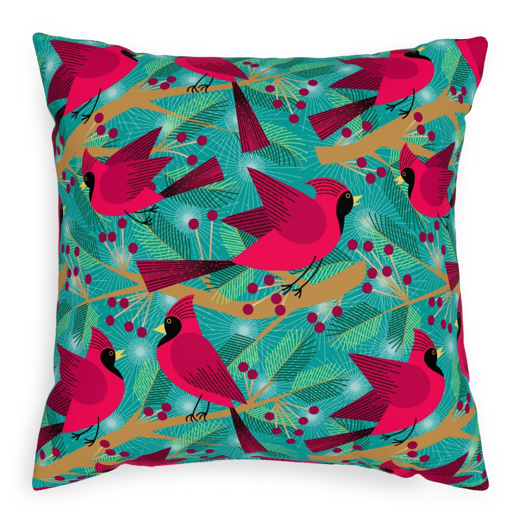 Winter Solstice Cardinals - Green Pillow, Woven, Black, 20x20, Single Sided, Green, Classic Green