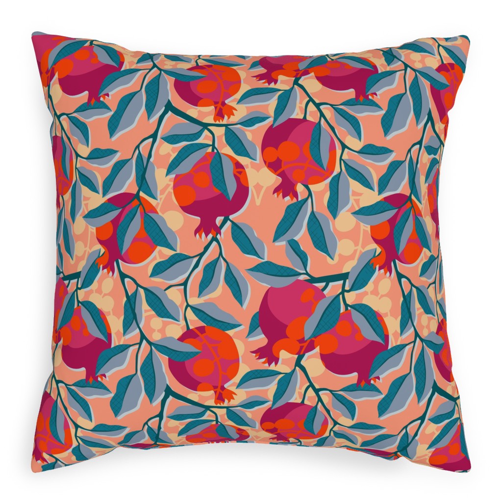 Retro Pomegranate- Pink and Blue Pillow, Woven, Black, 20x20, Single Sided, Multicolor