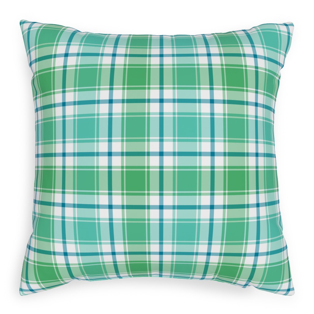 Blue, Green, Turquoise, and White Plaid Pillow, Woven, Black, 20x20, Single Sided, Green