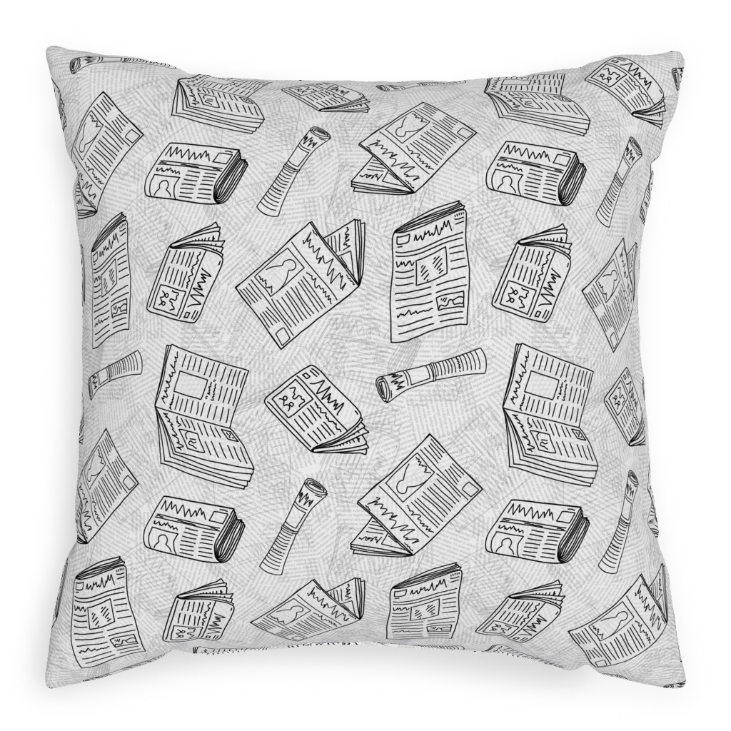 Newsprint Pillow, Woven, Black, 20x20, Single Sided, White, Fog