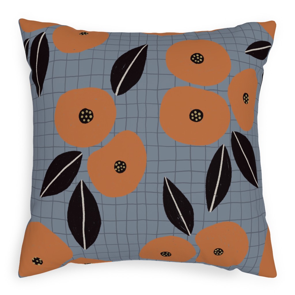 Ingrid Floral - Orange on Blue Pillow, Woven, Black, 20x20, Single Sided, Blue