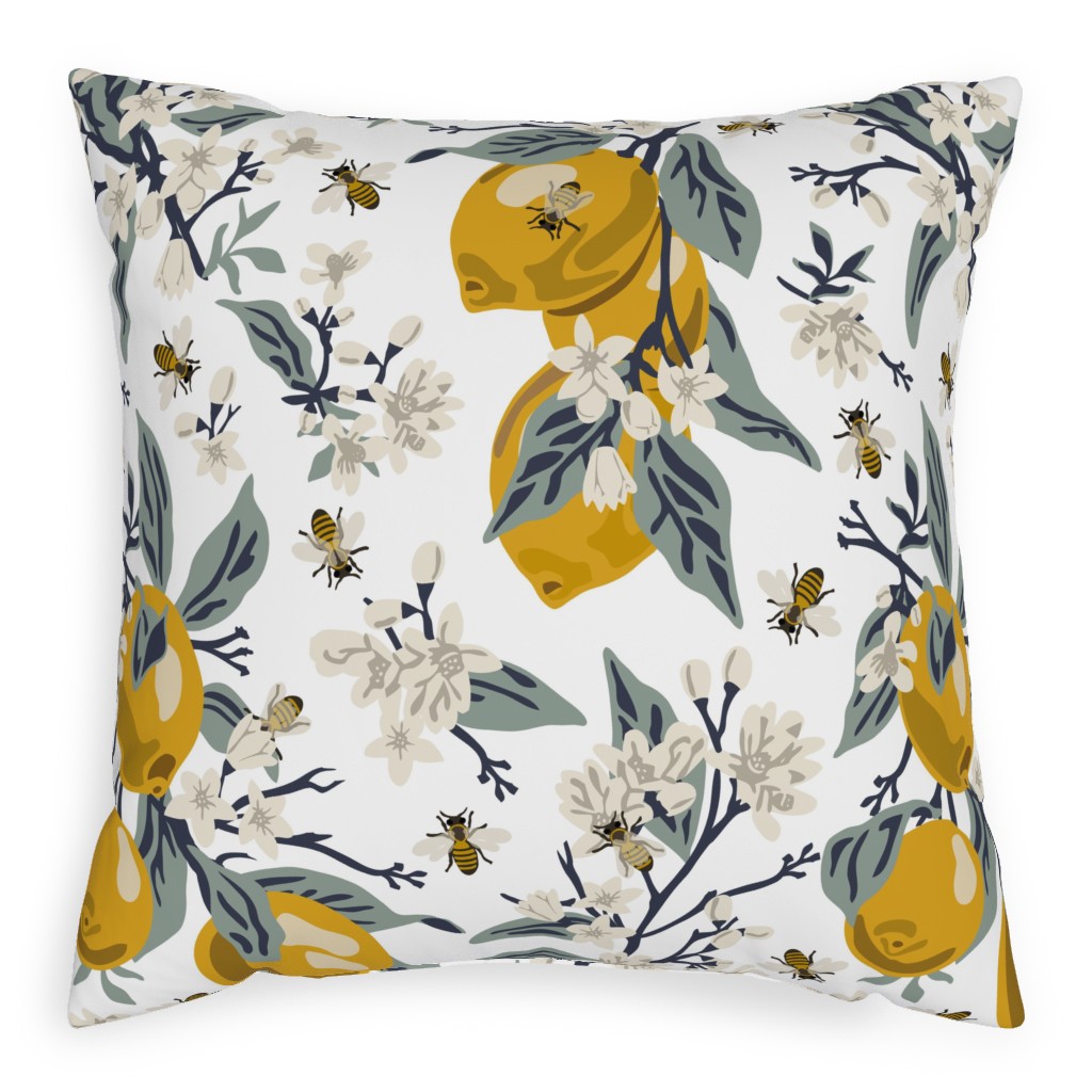 Bees & Lemons Pillow, Woven, Black, 20x20, Single Sided, Yellow, Antique White