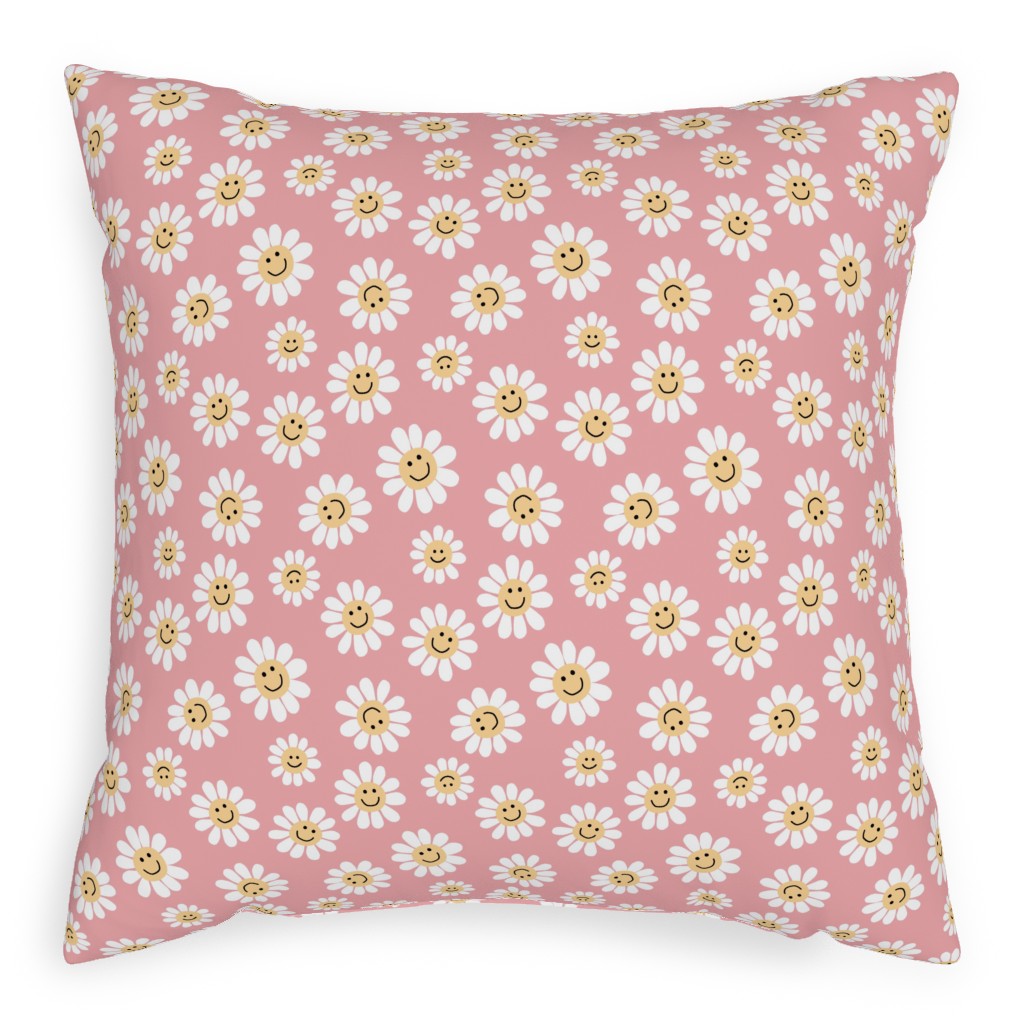 Smiley Daisy Flowers - Pink Pillow, Woven, Black, 20x20, Single Sided, Pink