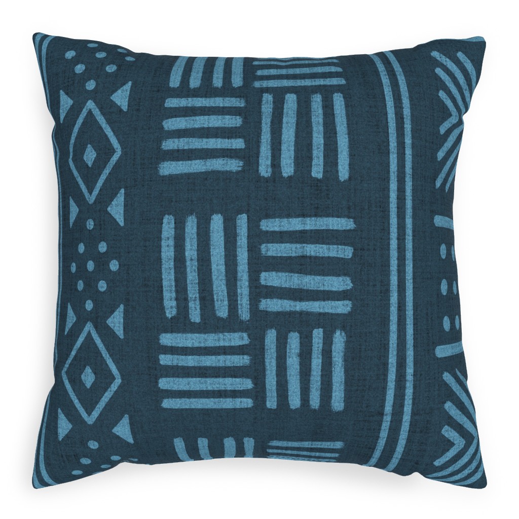 Mudcloth Geometric Motifs Pillow, Woven, Black, 20x20, Single Sided, Blue
