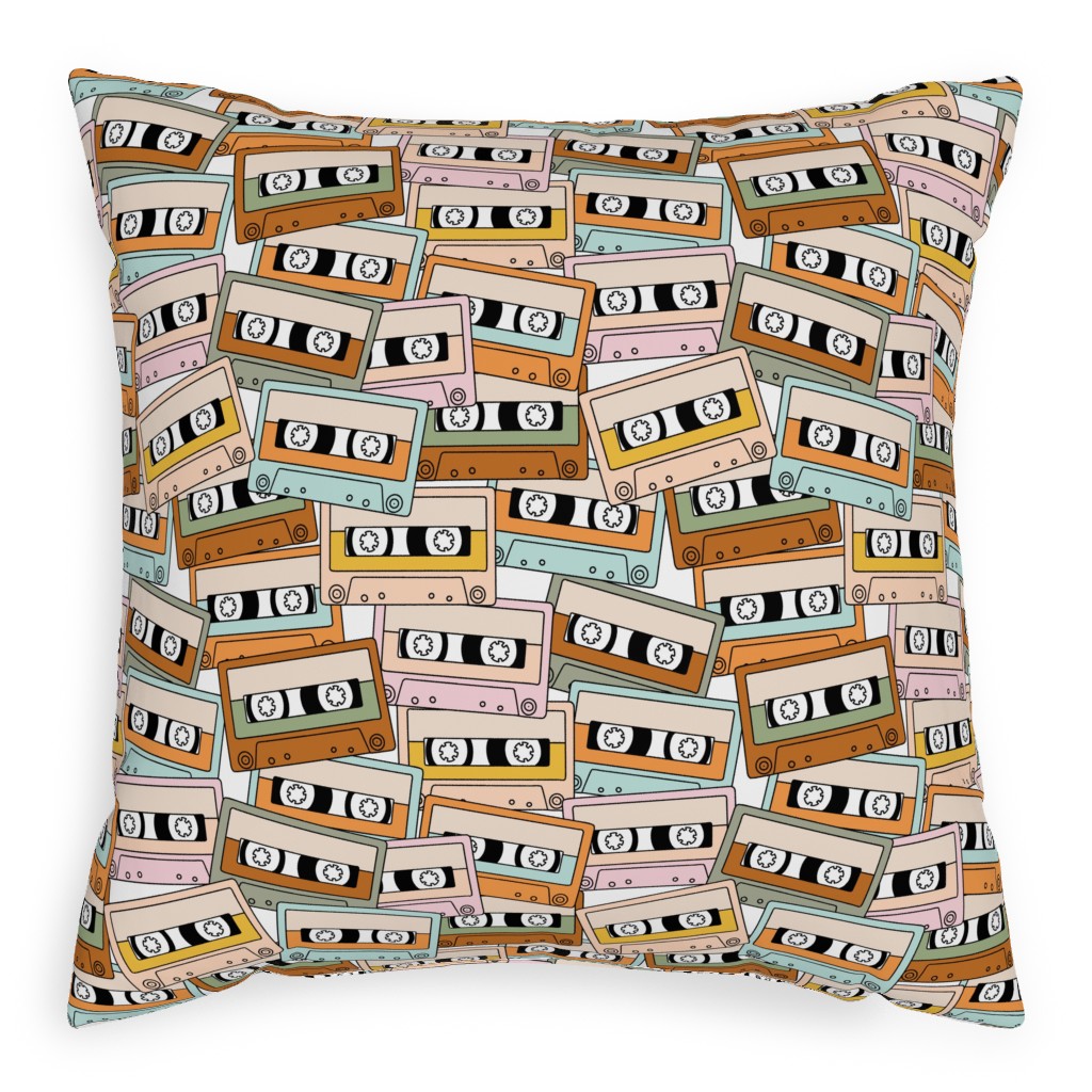 Retro Audio Tape Cassette Pillow, Woven, Black, 20x20, Single Sided, Multicolor