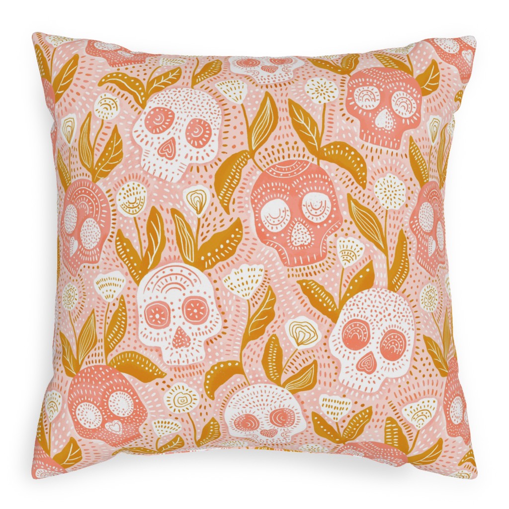 Halloween Skulls - Pastel Pillow, Woven, Black, 20x20, Single Sided, Pink, Bright Pink