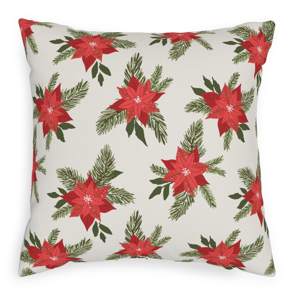 Red Poinsettia Christmas Flowers Pillow, Woven, Black, 20x20, Single Sided, Red