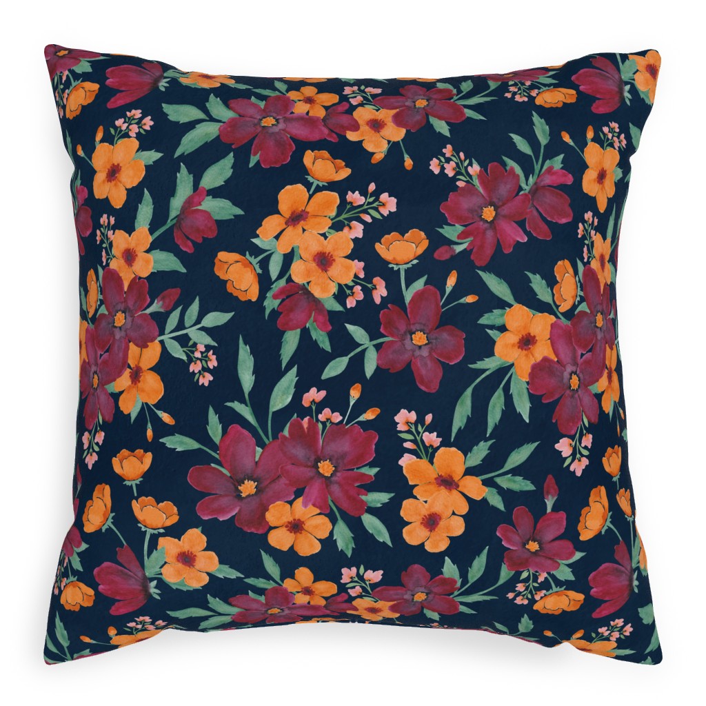 Watercolor Autumn Florals - Navy Pillow, Woven, Black, 20x20, Single Sided, Multicolor