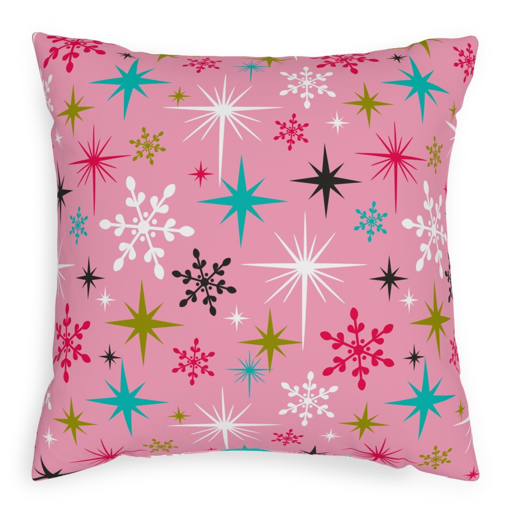 Stardust Retro Christmas Snowflakes and Stars - Pink Pillow, Woven, Black, 20x20, Single Sided, Pink, Bright Pink